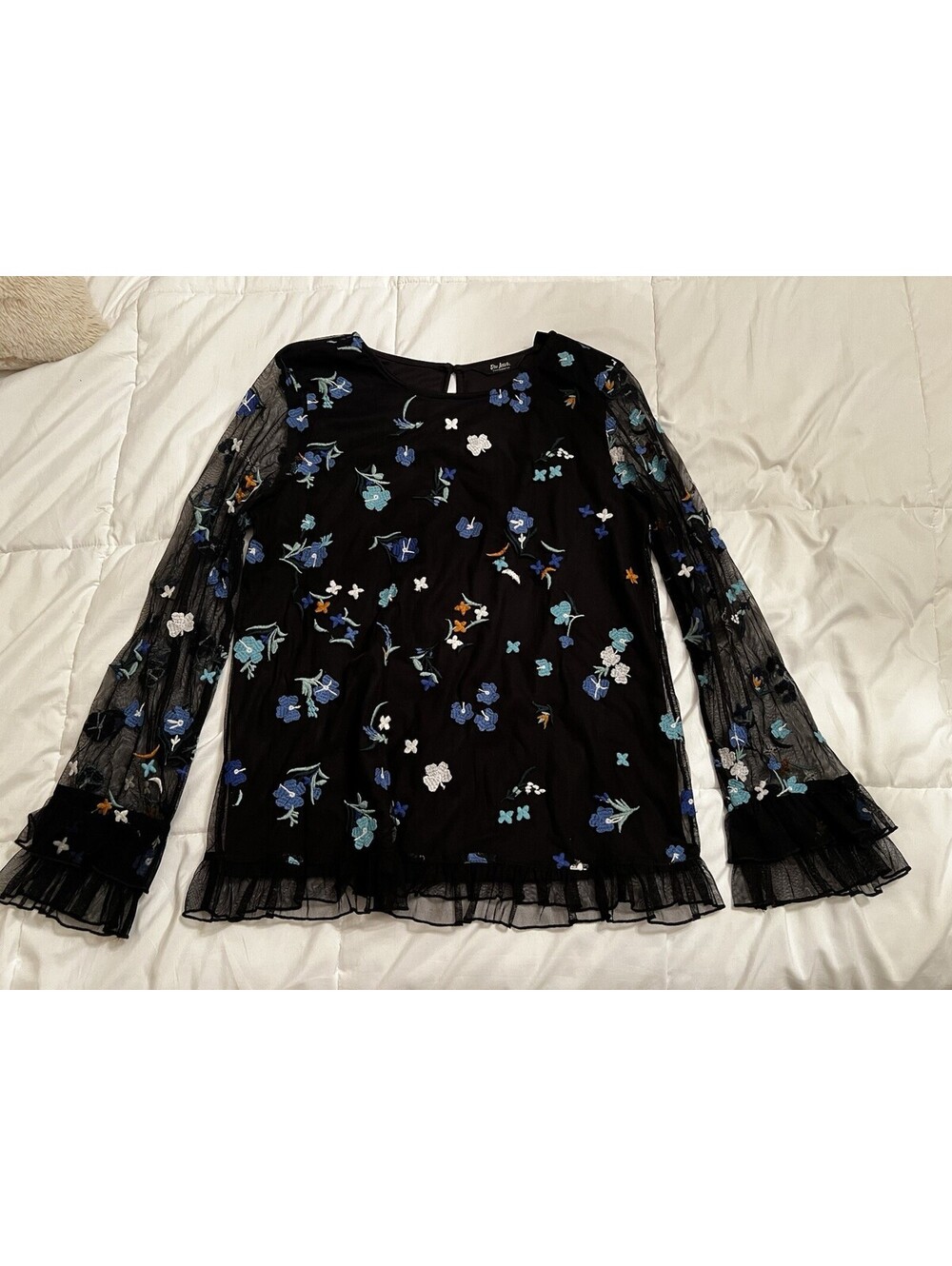 Du Jour women’s SMALL Black Floral Embroidered Mesh Sheer Ruffle Sleeve Blouse